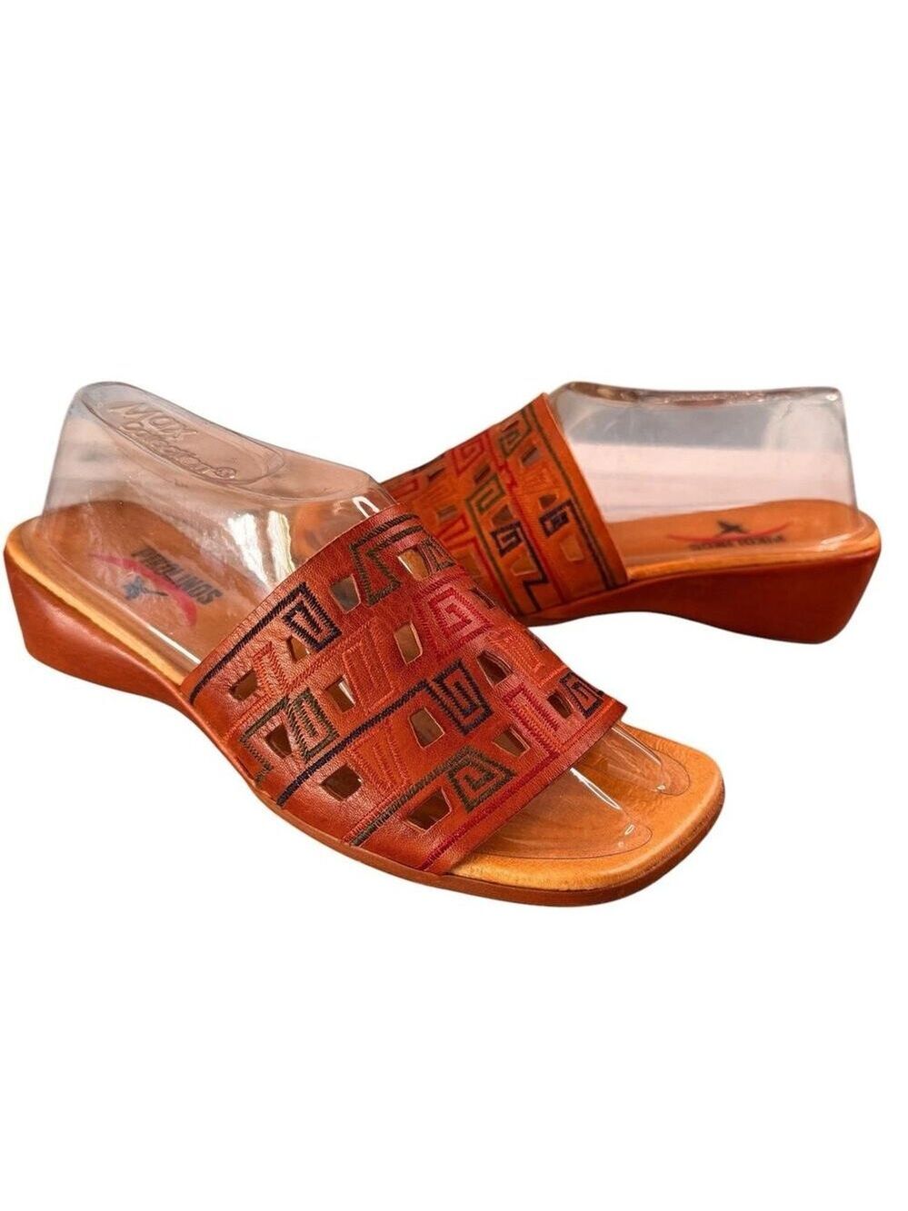 Pikolinos Leather Sandals Caramel Aztec Cutout Low Wedge Slides Size 7/38